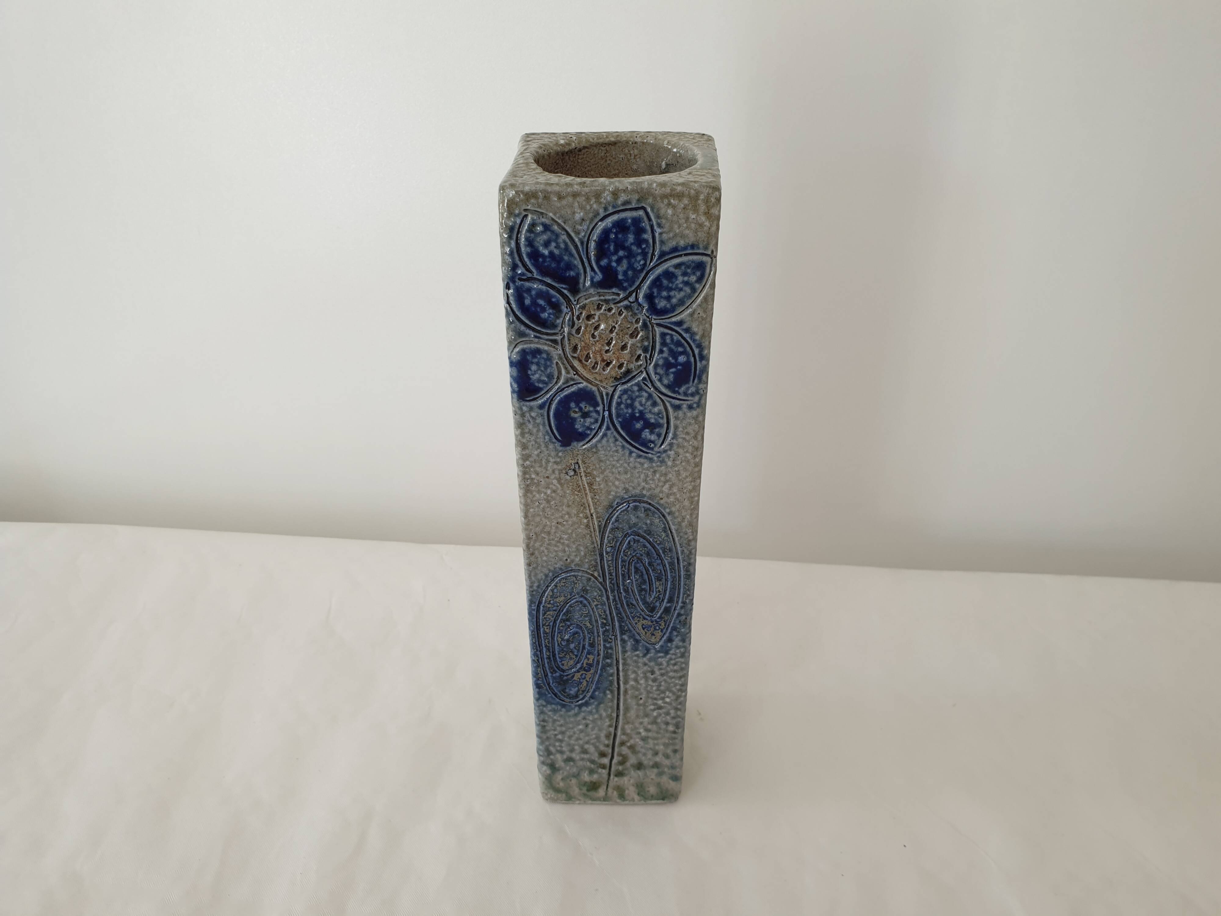 Square stoneware ceramic vase signed Jean Claude Monange