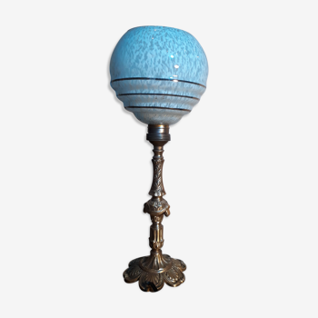 Lampe bronze art deco 1930  globe clichy bleu moucheter blanc