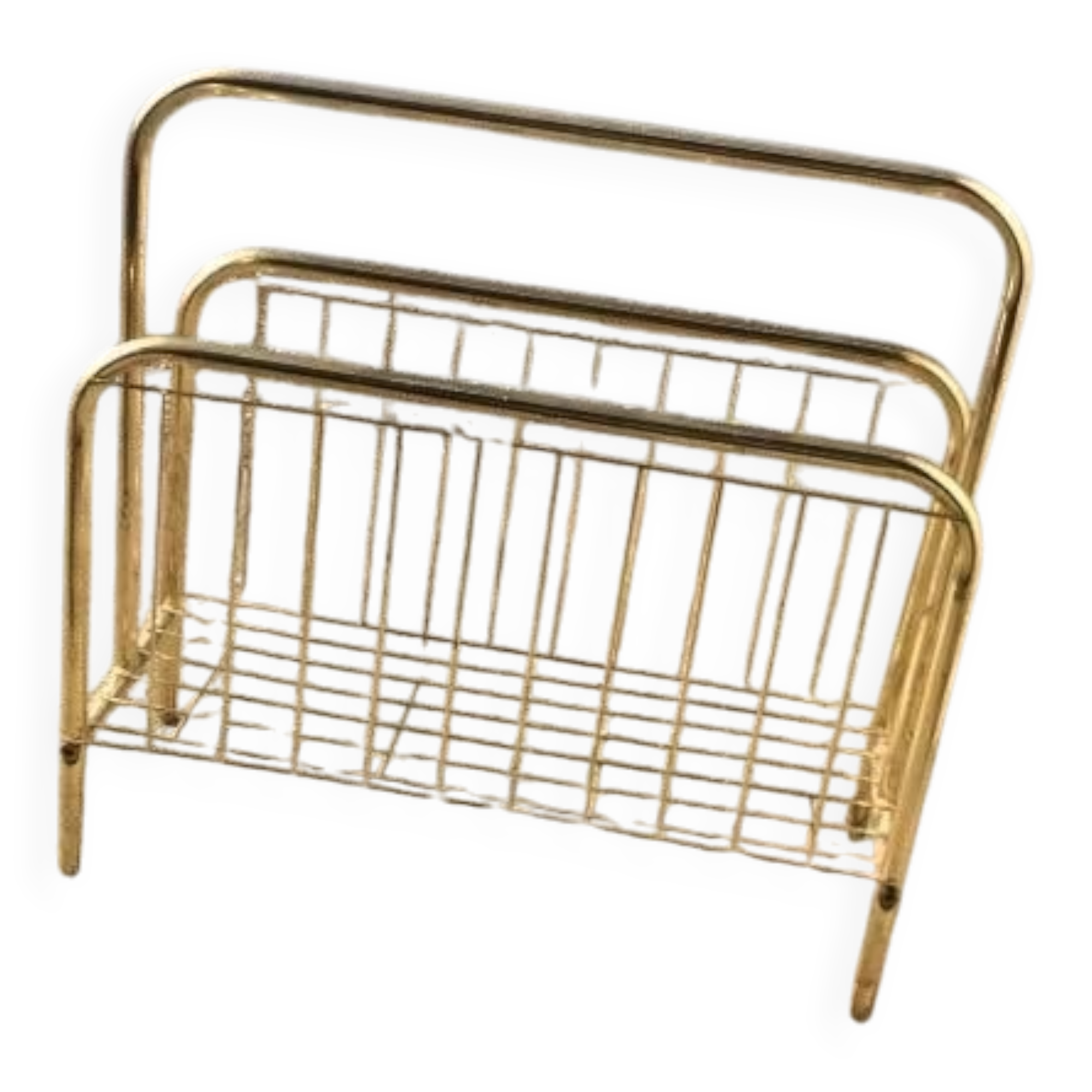 Porte-revues mid-century en laiton doré et bois, vintage années 70, Hongrie