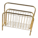 Porte-revues mid-century en laiton doré et bois, vintage années 70, Hongrie