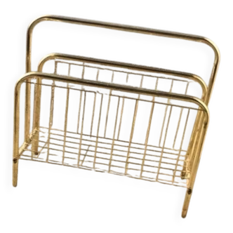 Mid-century magazine rack in gilded brass and wood, vintage 70s, Hungary.