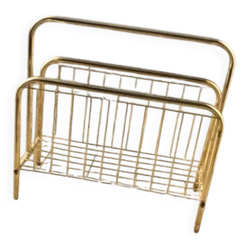 Mid-century magazine rack in gilded brass and wood, vintage 70s, Hungary.
