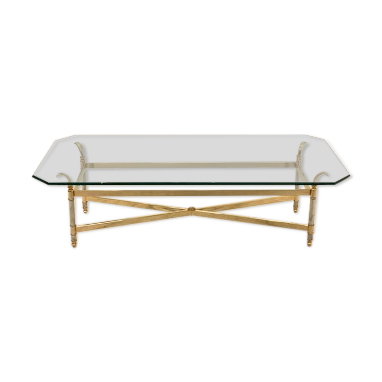 Table basse en laiton, chrome et verre, France 1970