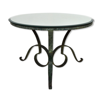 Art Deco style Subes coffee table in patinated wrought iron and mirror top, circa 1935