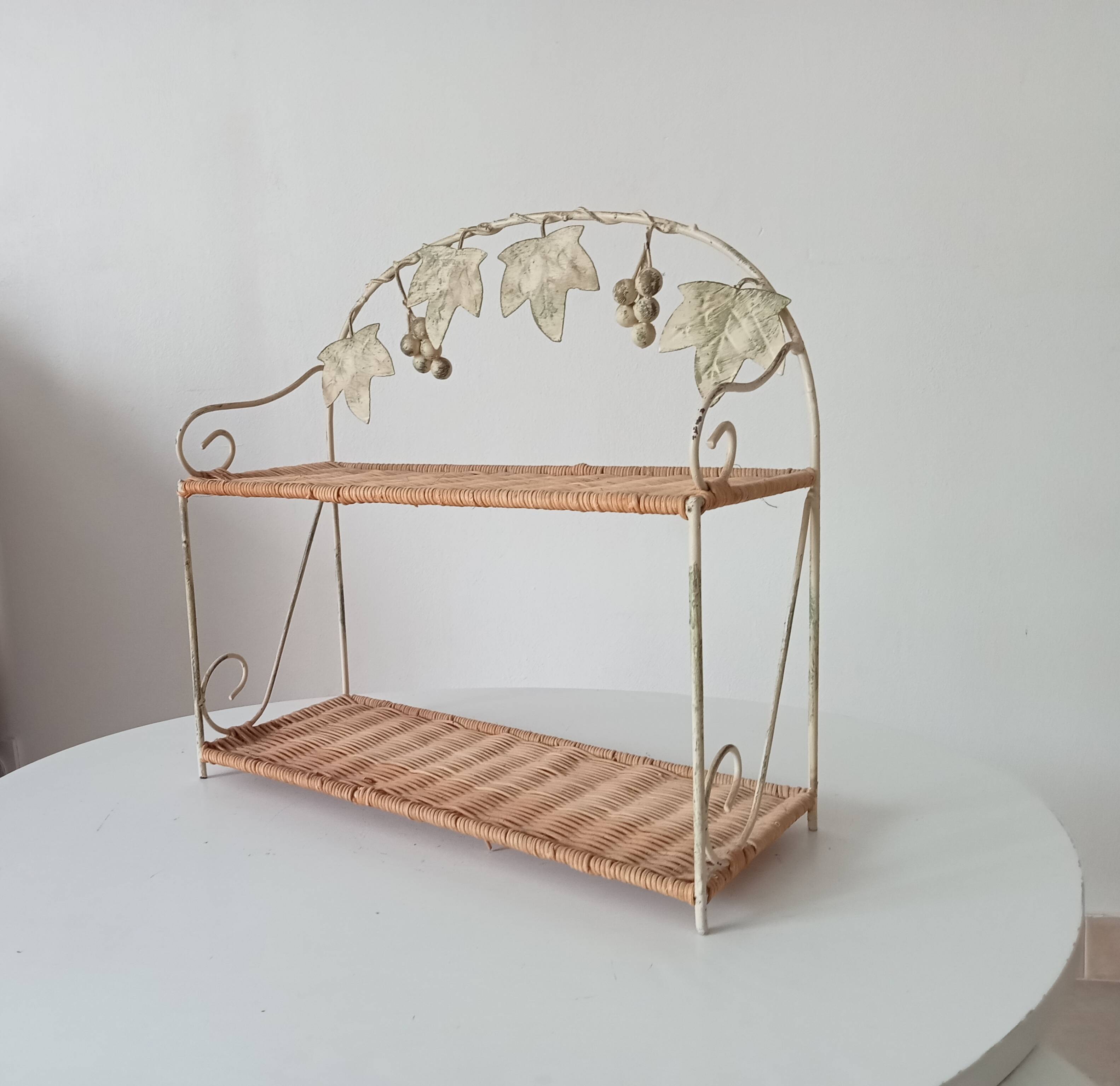 Vintage wall shelf or freestanding wicker in bohemian style.