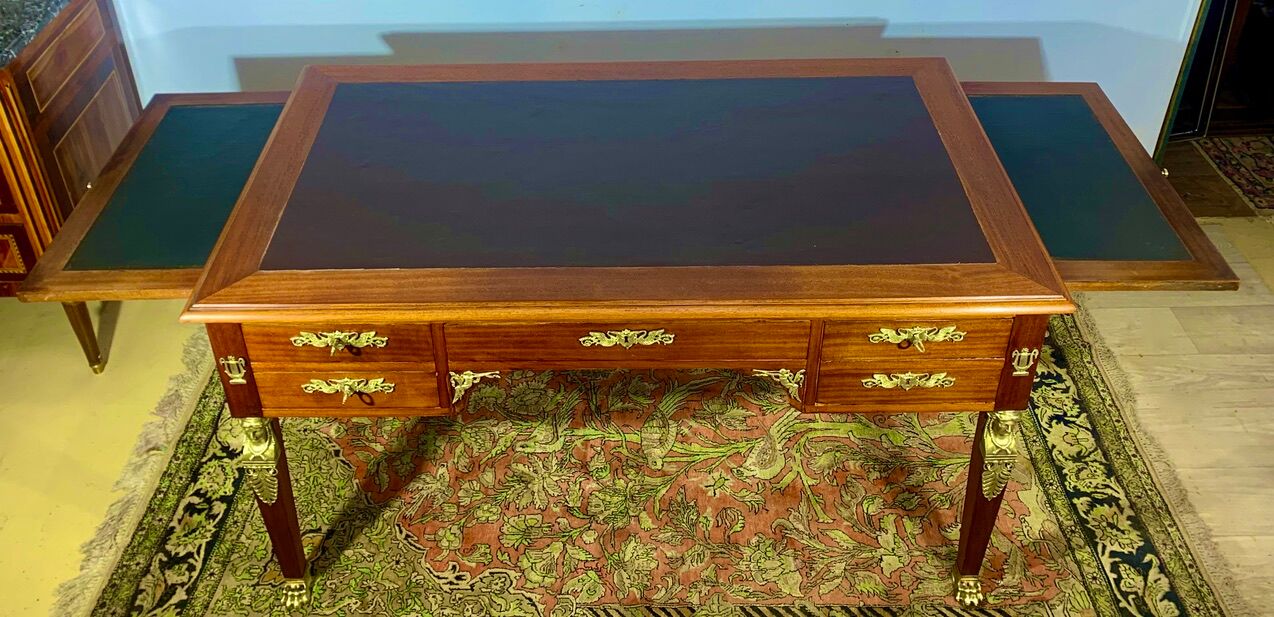 Empire style desk return from egypt double sided in mahogany and gilded bronzes year 1900
