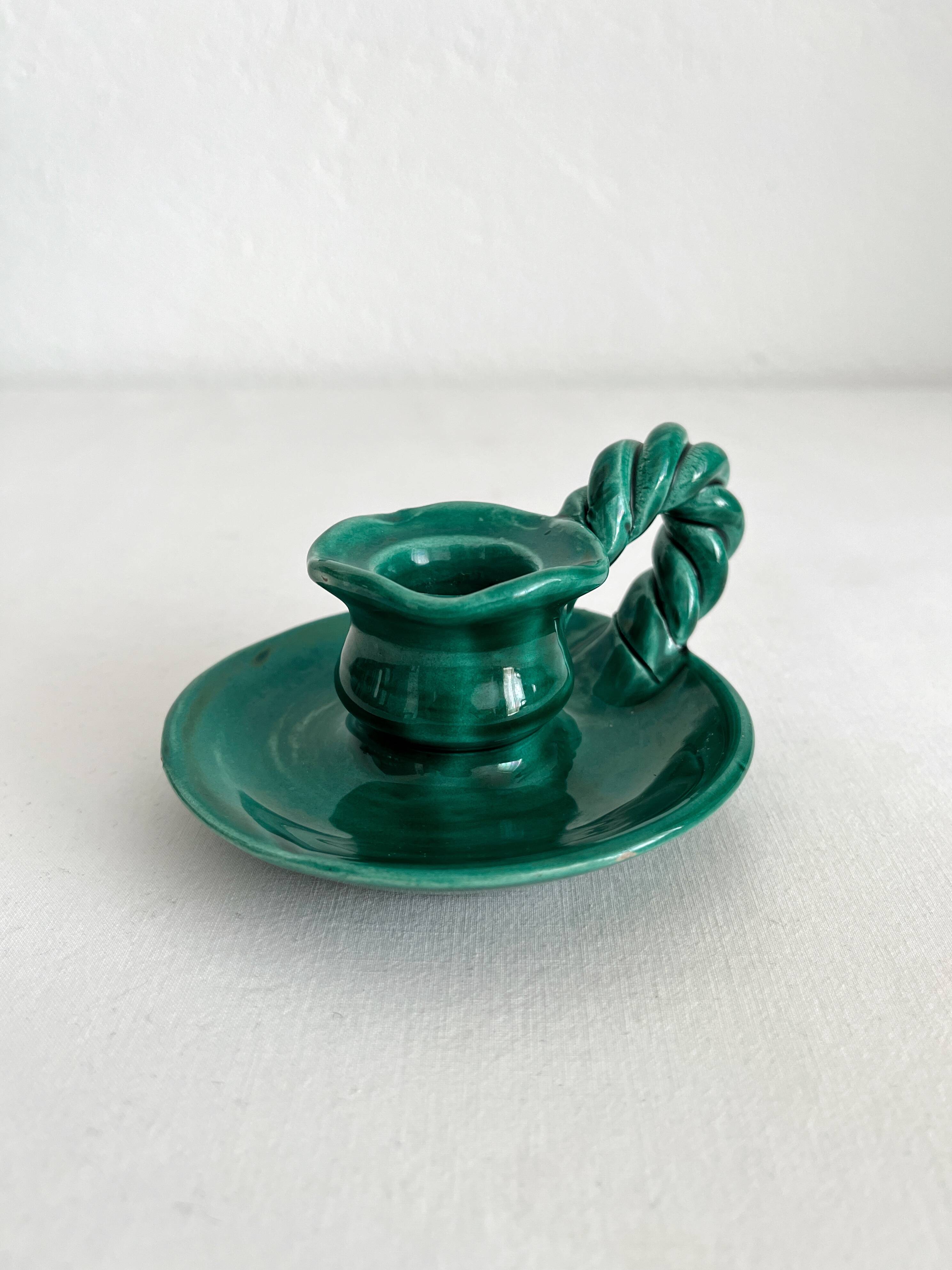 Vintage green ceramic candle holder with twisted handle