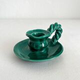 Vintage green ceramic candle holder with twisted handle