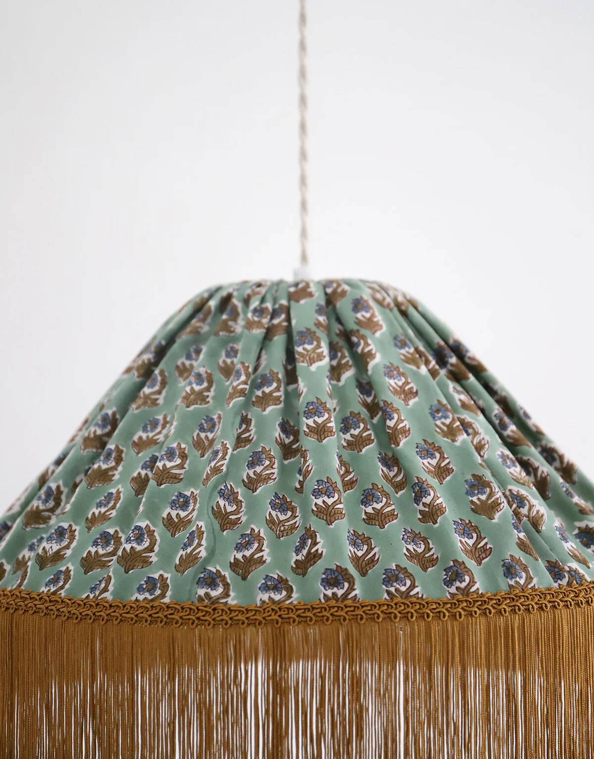 Bella conical textile pendant light with "bohemian flora" print