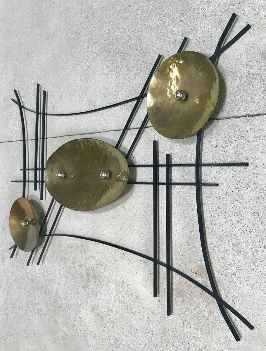Large sculptural wall relief in wrought iron & brass , GDR / Germany 1950s