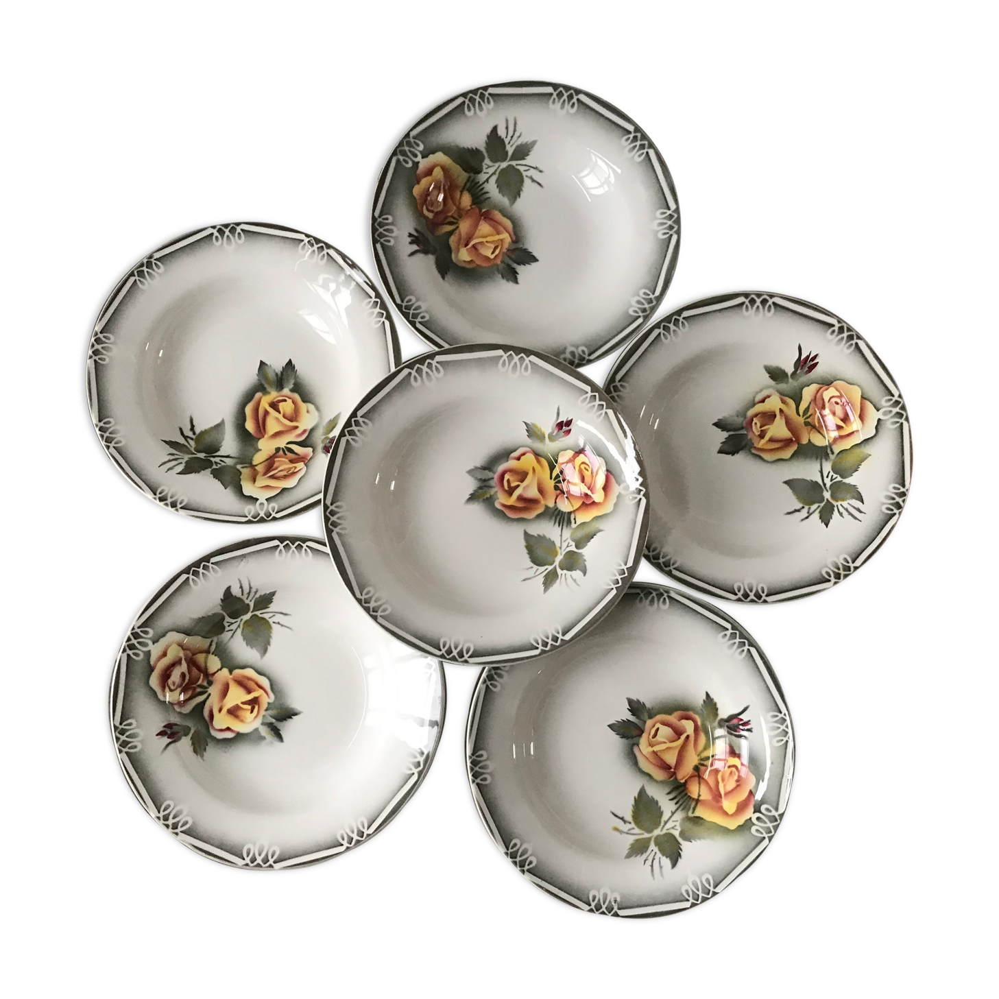 Lot of 6 hollow plates digoin sarreguemines model "adèle" years 30-40