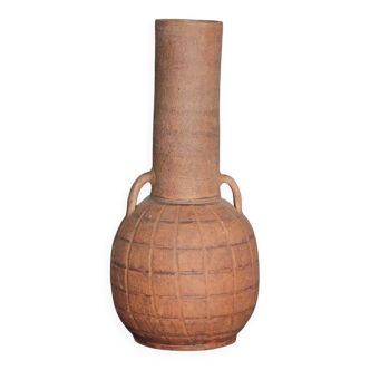 Terracotta vase with vintage handles, interior decor, primitive, brutalist.