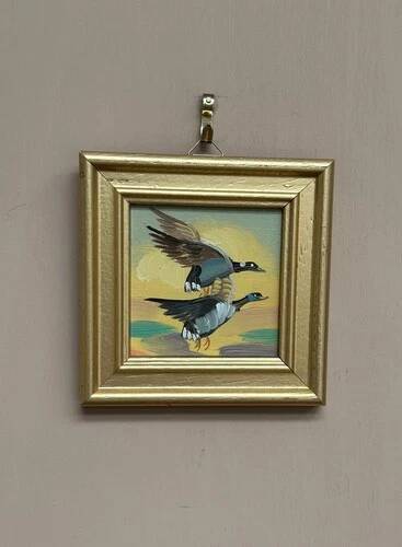 Mid-Century Oil on Panel – “Birds” by Unknown, Vintage & Framed 11 × 11 cm