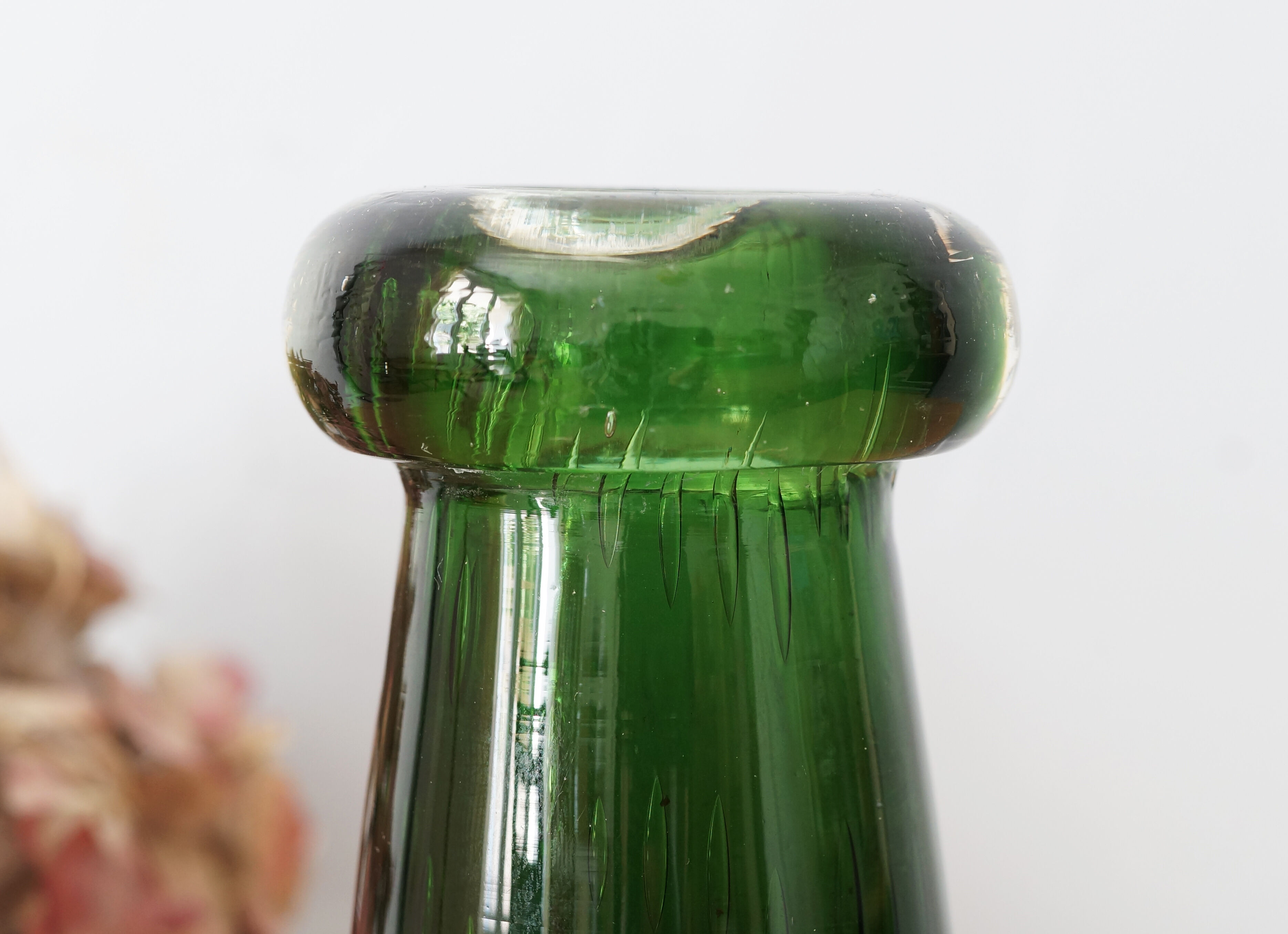 Green glass vase, bubbled blown glass, vintage