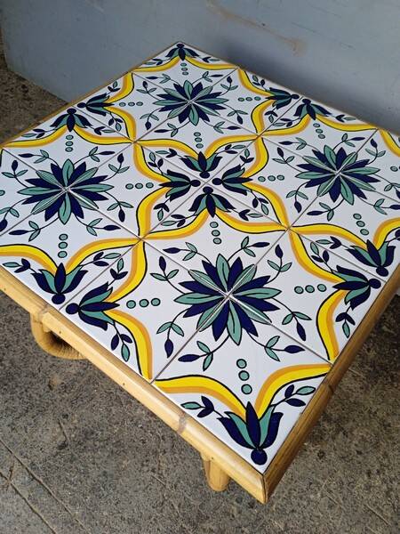 Vintage rattan and ceramic coffee table ep 1970