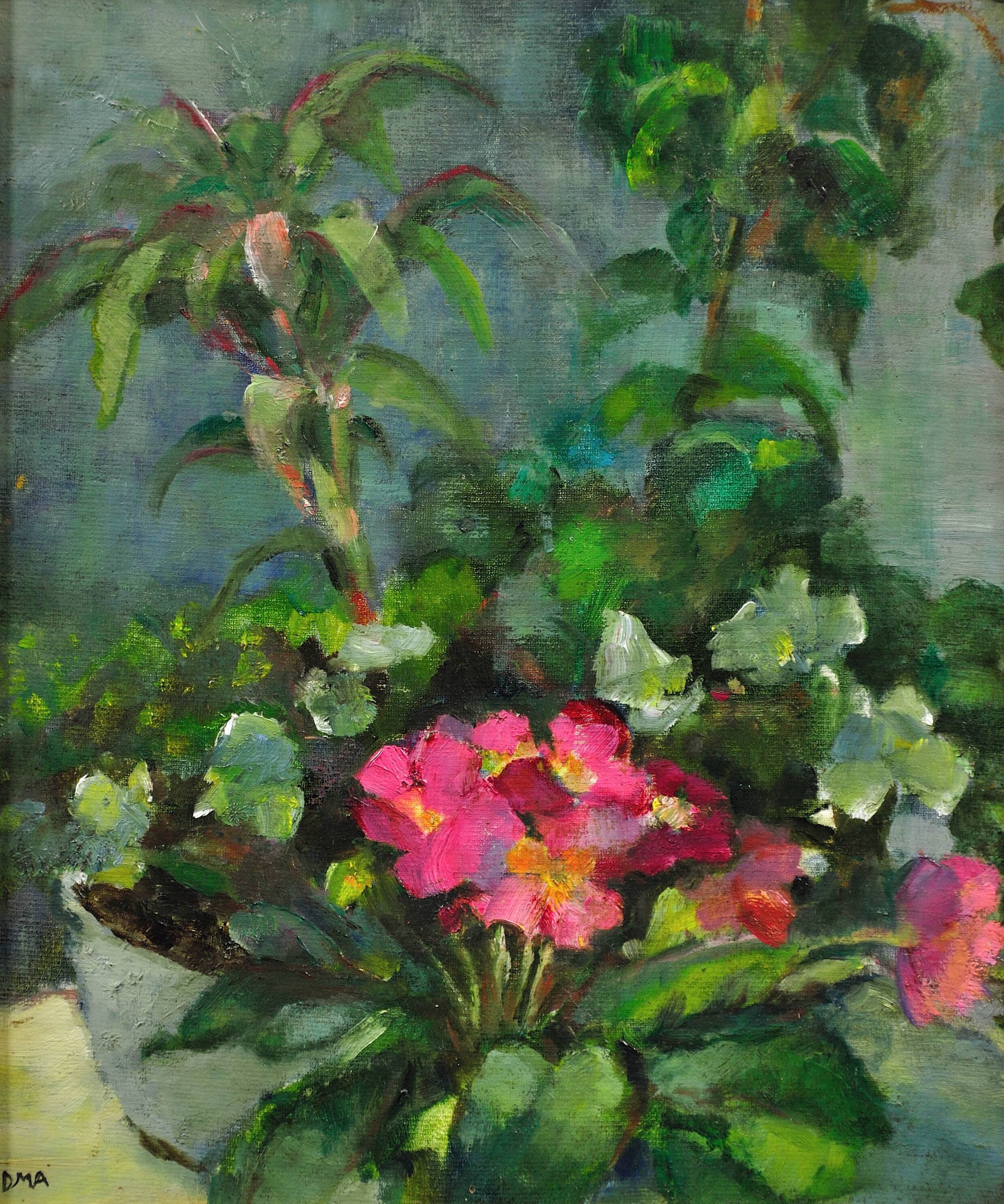 Diana maxwell's painting armfield b.1920. english. pink primulas & pot plants.
