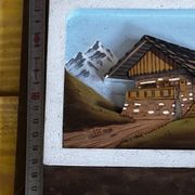 Tableau alpin vintage en bois sculpté et peint - signé