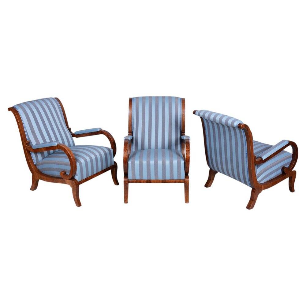 Biedermeier Lounge Chairs in Oak, Spruce and Walnut, Austria, 1830s, Set of 3