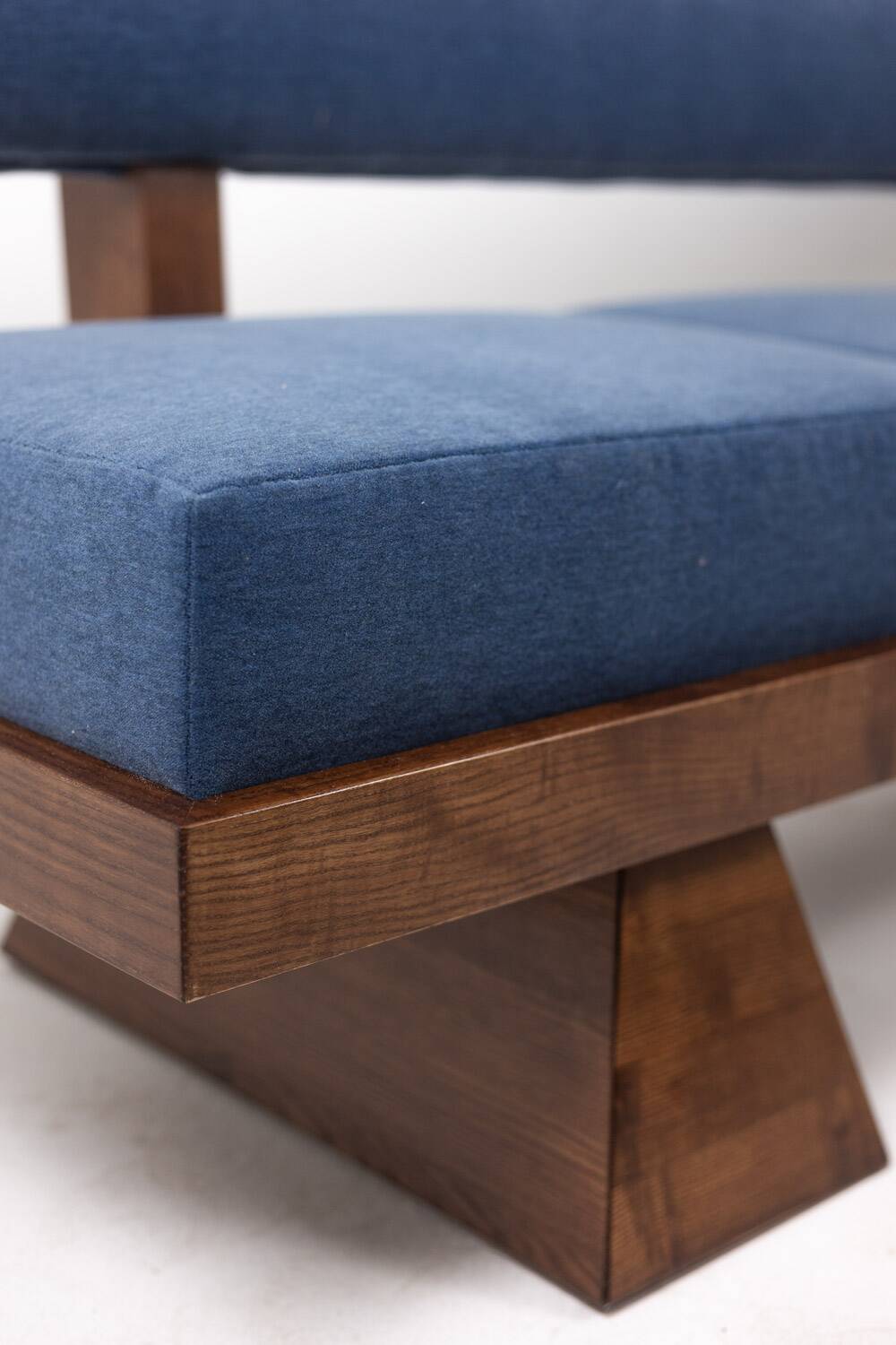 Three-seater bench in light ash and blue mohair velvet. Contemporary.