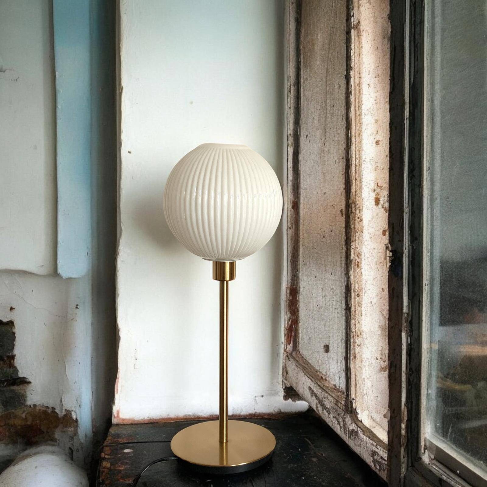 Table lamp with a lampshade from an old vintage pendant light in ribbed white glass and a pi