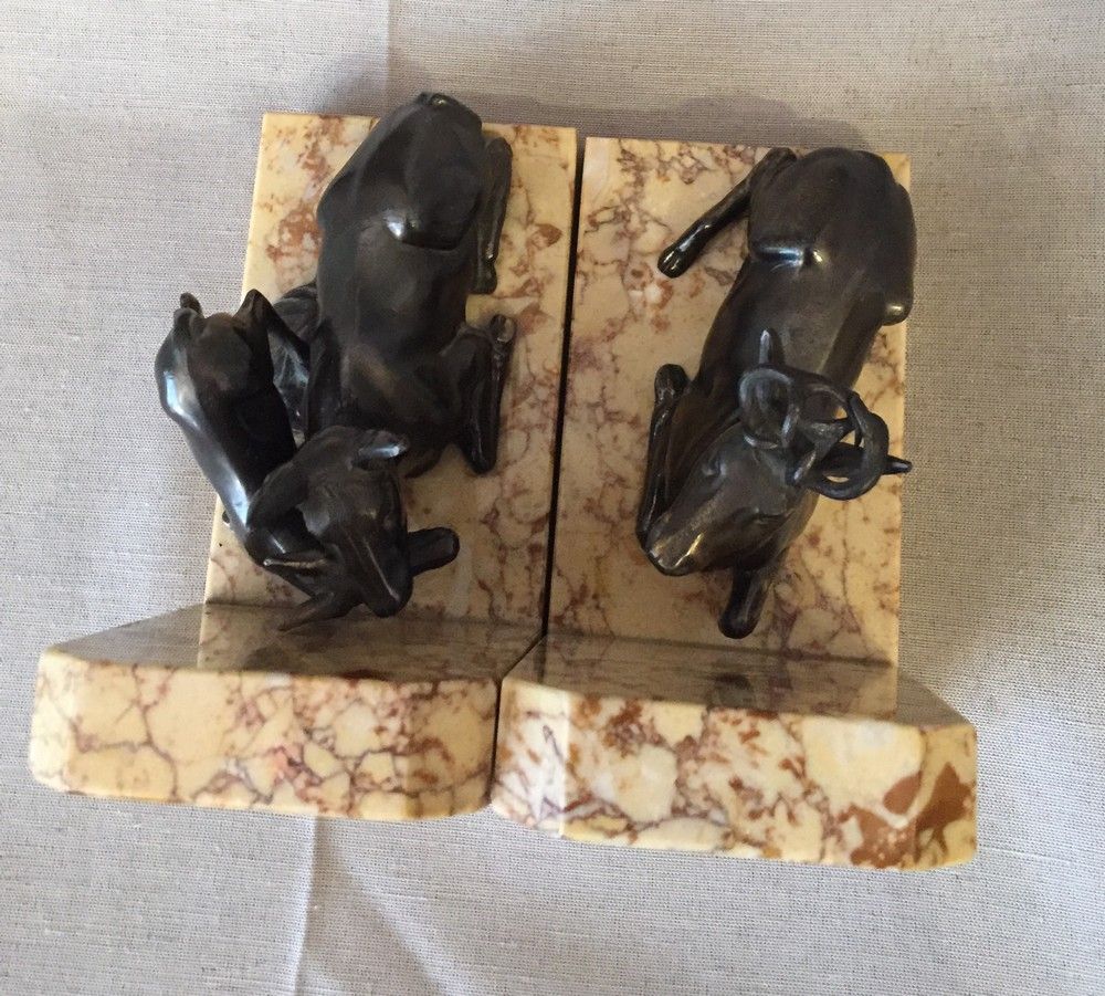 Pair of marble bookends and ruler representing a deer with his mother and a deer