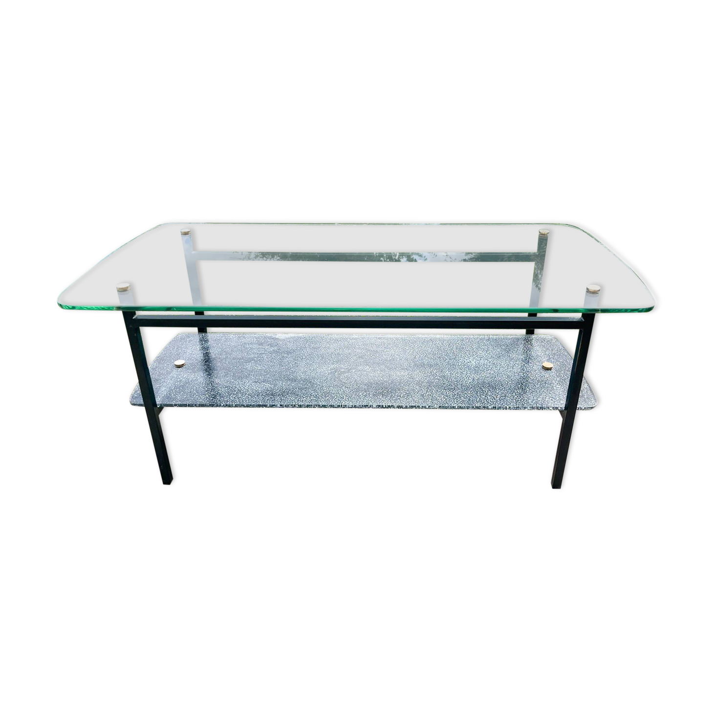 Coffee table with 2 shelves, glass and metal, from the 50s