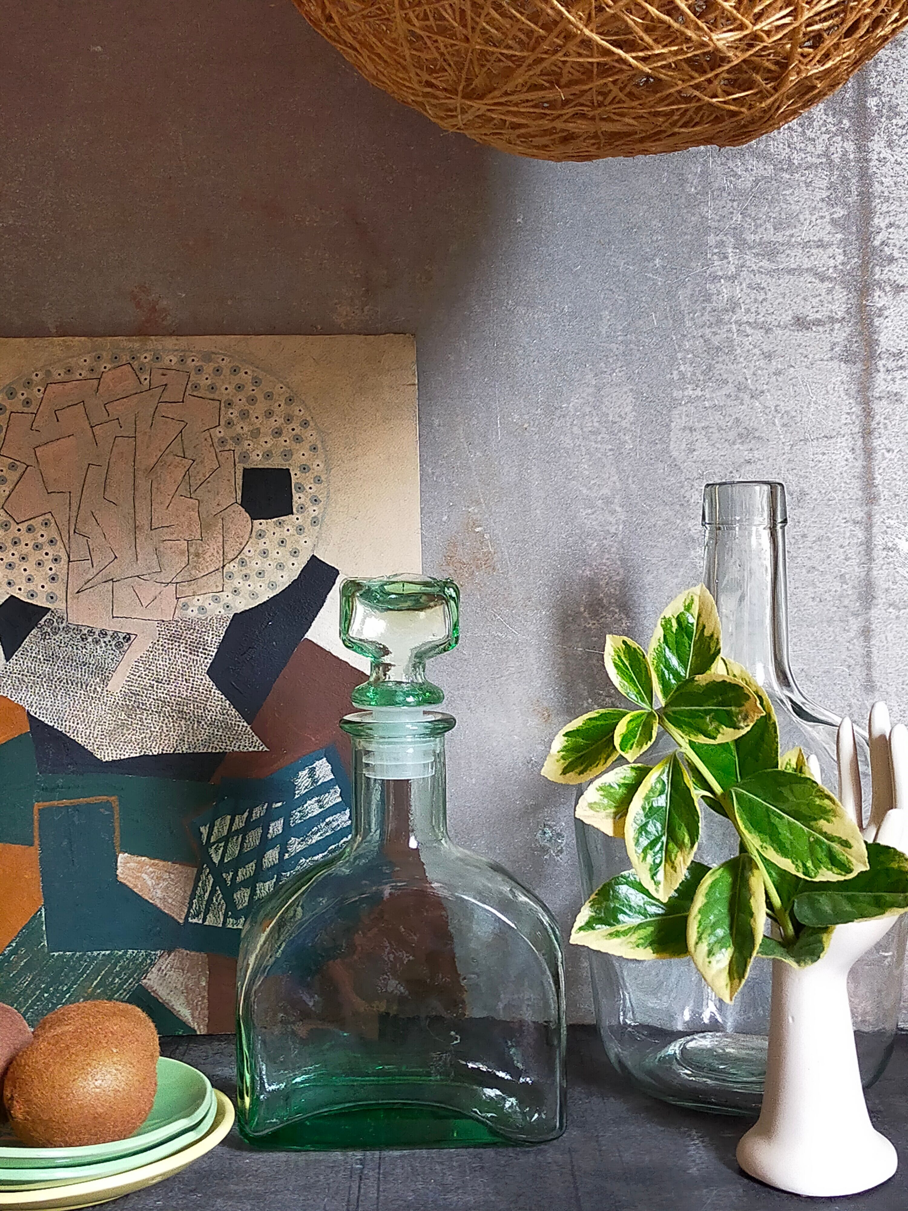 Vintage green glass whiskey decanter