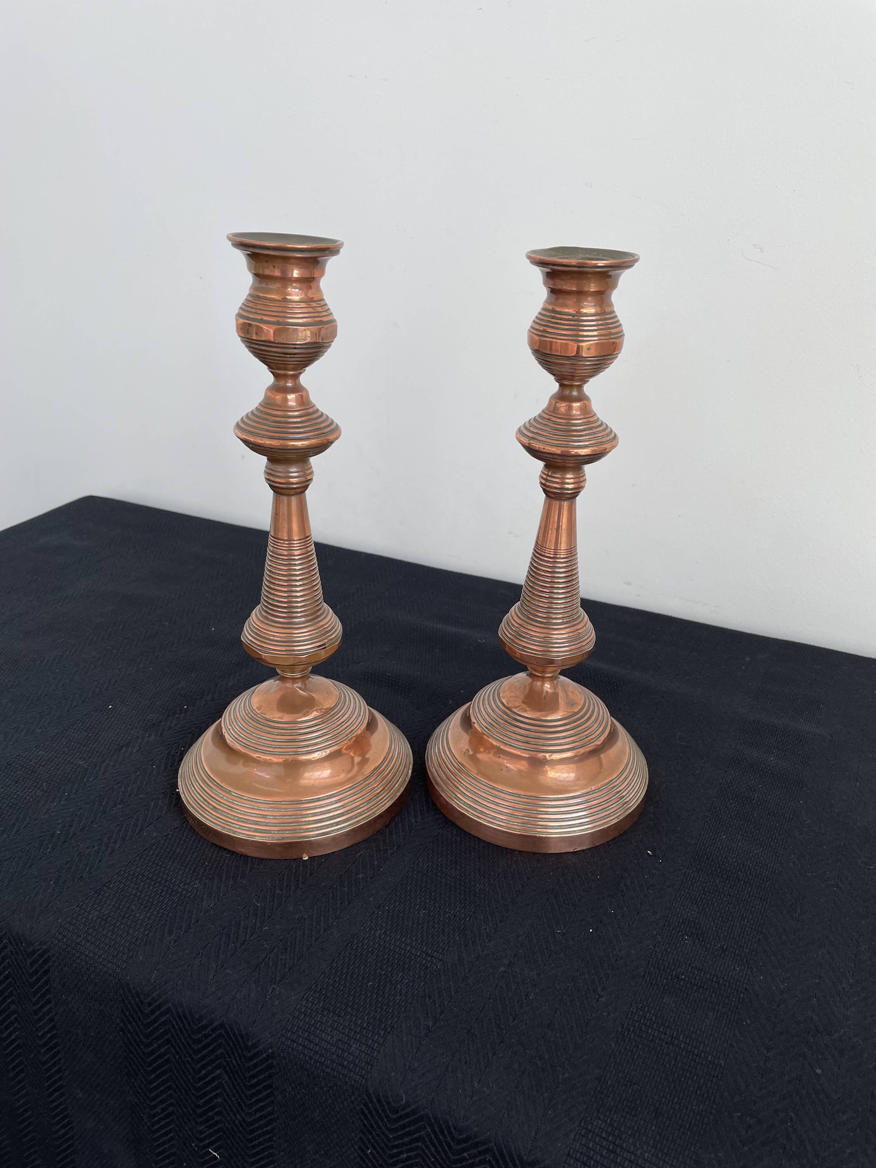 Antique, pair of candle holders, copper, brass, candle, goldsmith hallmark, old, large, massive, France