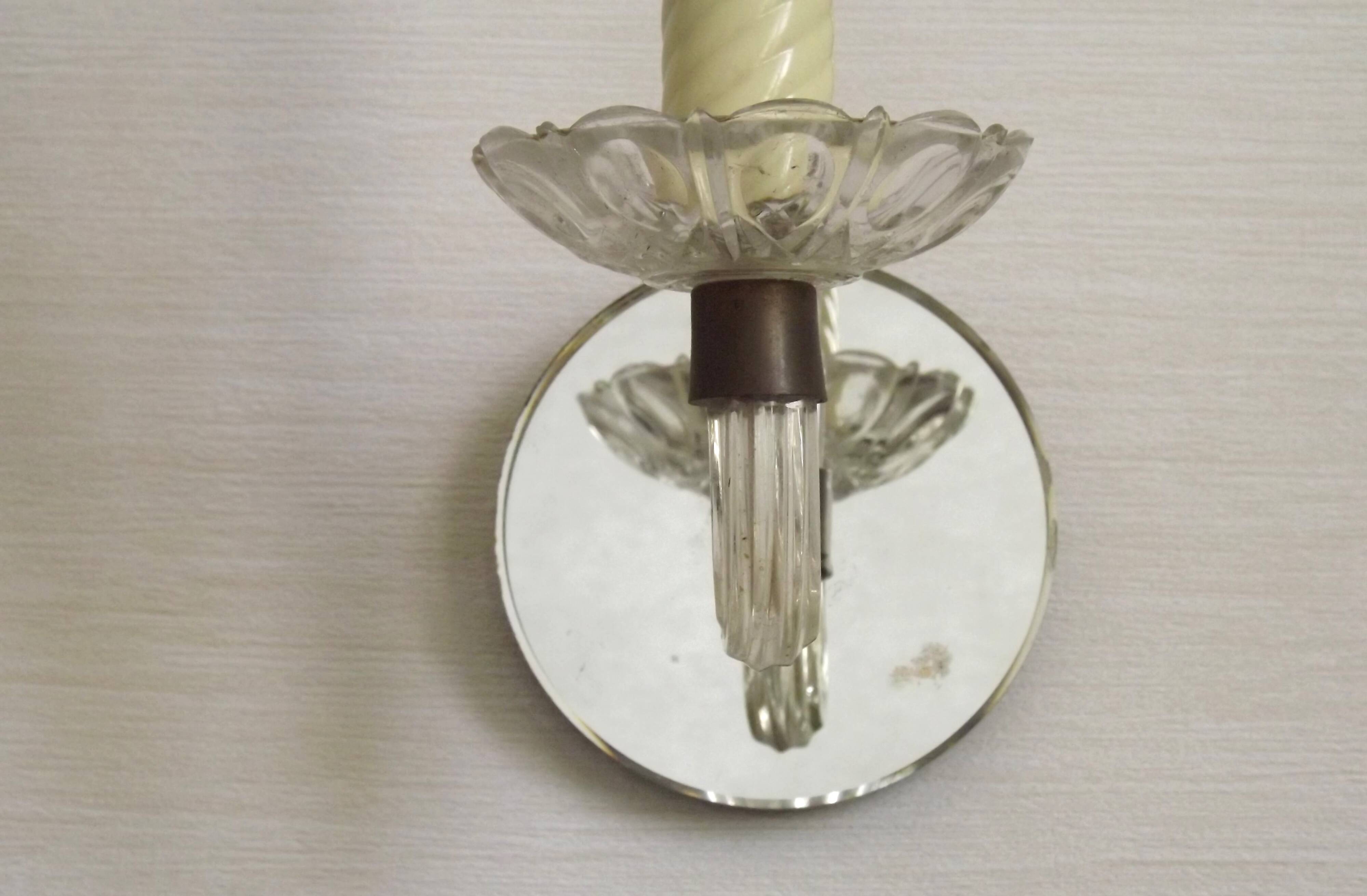 French Vintage Small Mirrored Backplate Wall Sconce Glass Arm & Bobeche