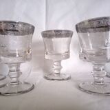 Set of 5 engraved Murano wine (or water) glasses, silver rim