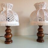Pair of turned wooden bedside lamps and lace/vintage lampshade 60s-70s