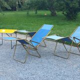 Set of 3 vintage lafuma sun loungers canvas and tubes + table