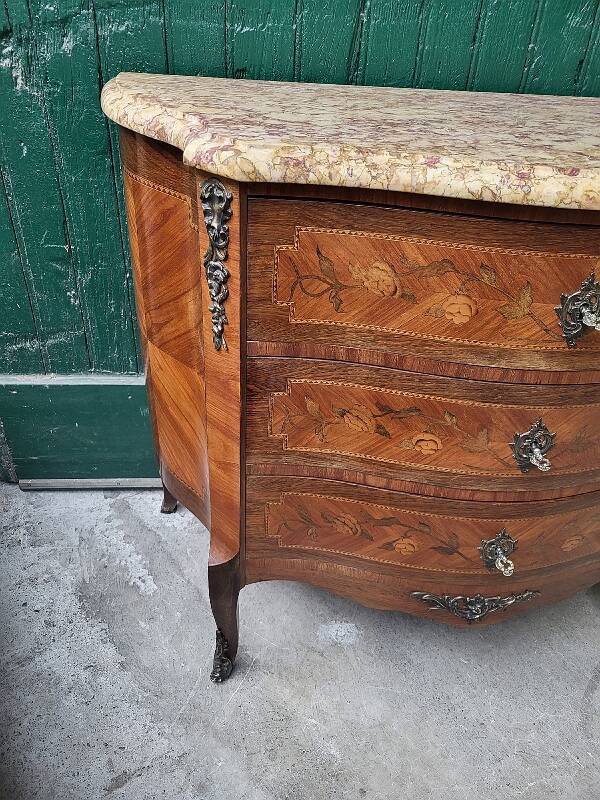 CURVED MARQUETRY CHEST WITH MARBLE TOP 3 ROSEWOOD DRAWERS
