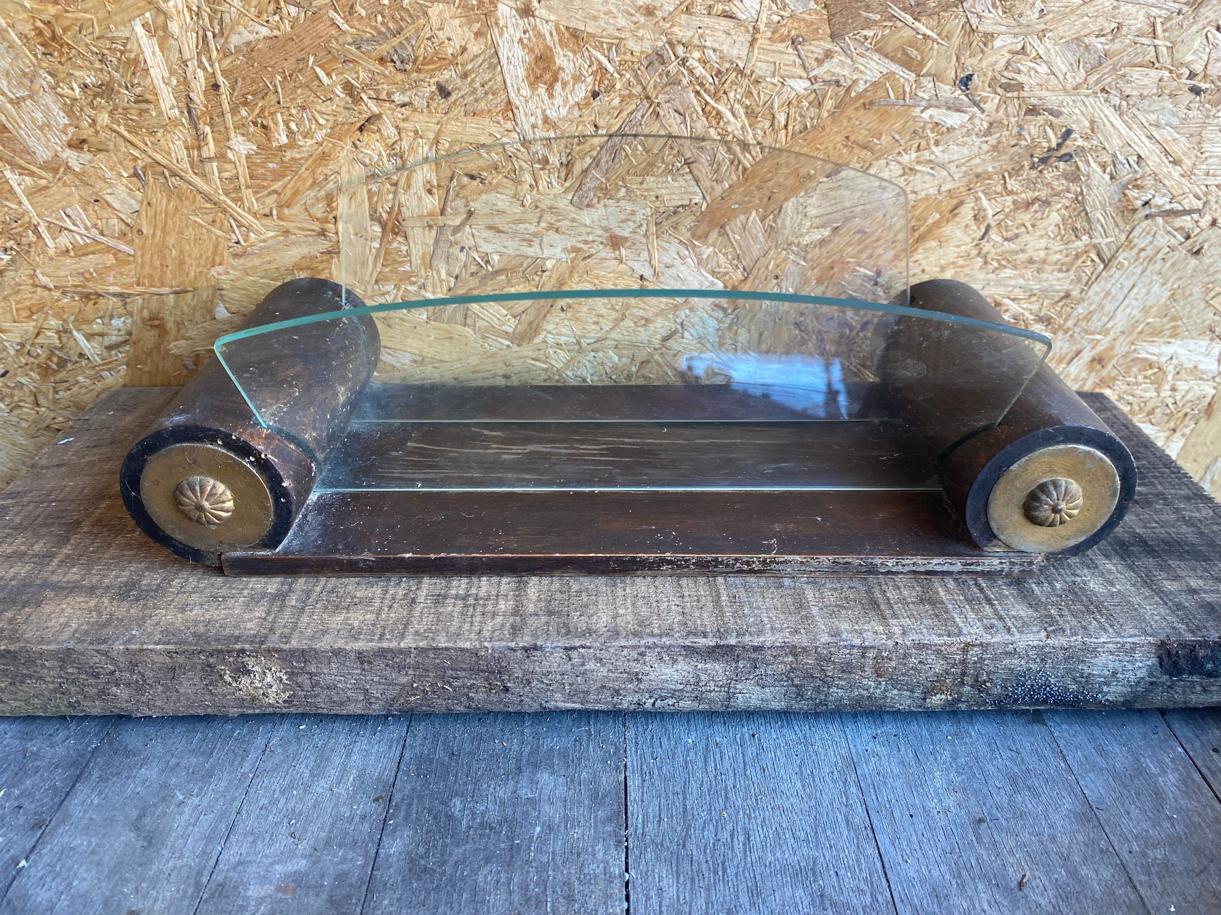 Aperitif Server Vintage Art Deco Wood + Brass + Glass Plates