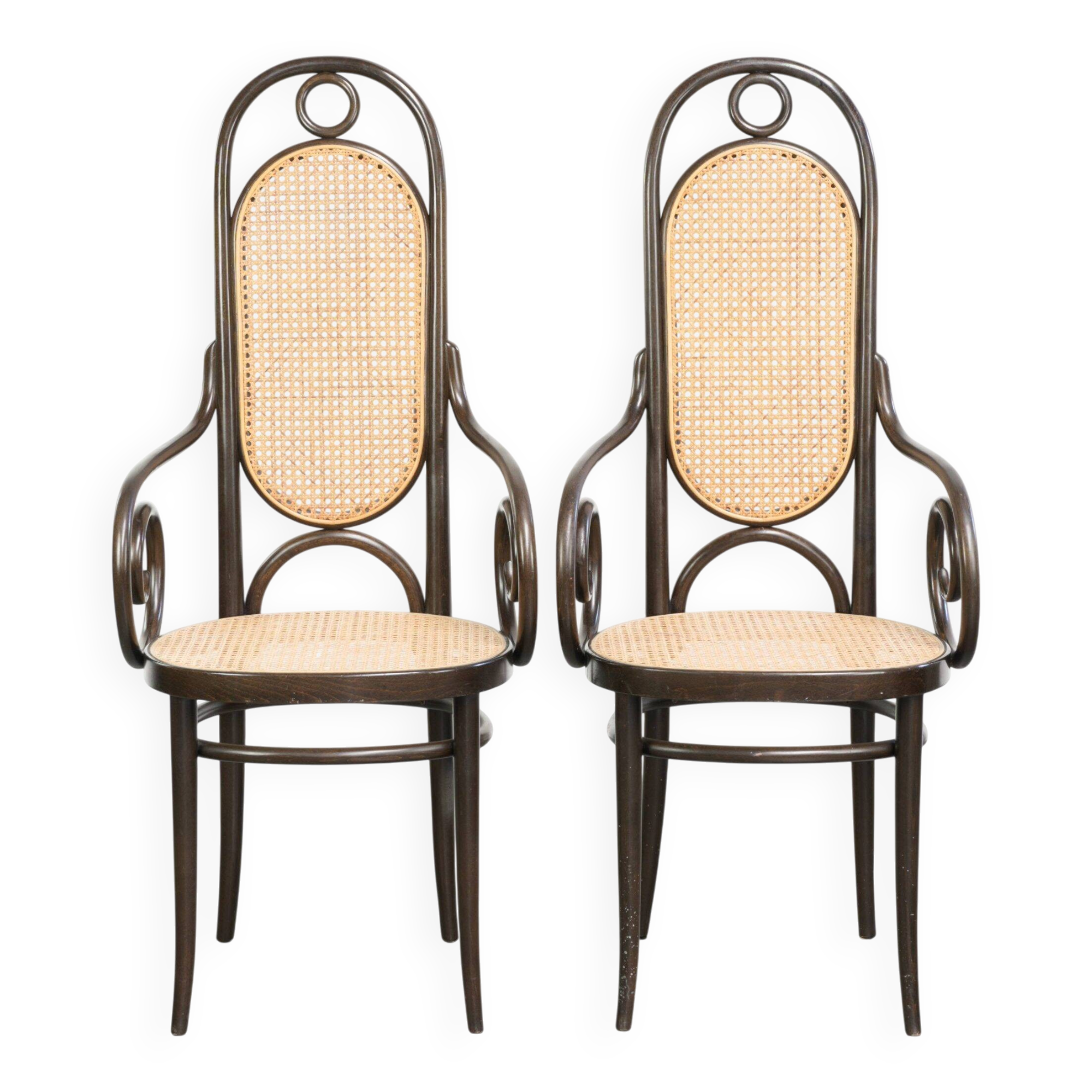 Ensemble de 2 chaises vintage originales design Thonet modèle Long John avec accoudoirs.
