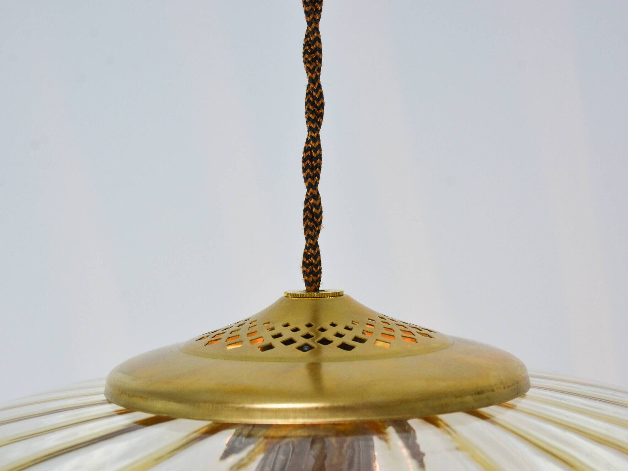 Vintage Light Beige Glass and Brass Pendant Lamp