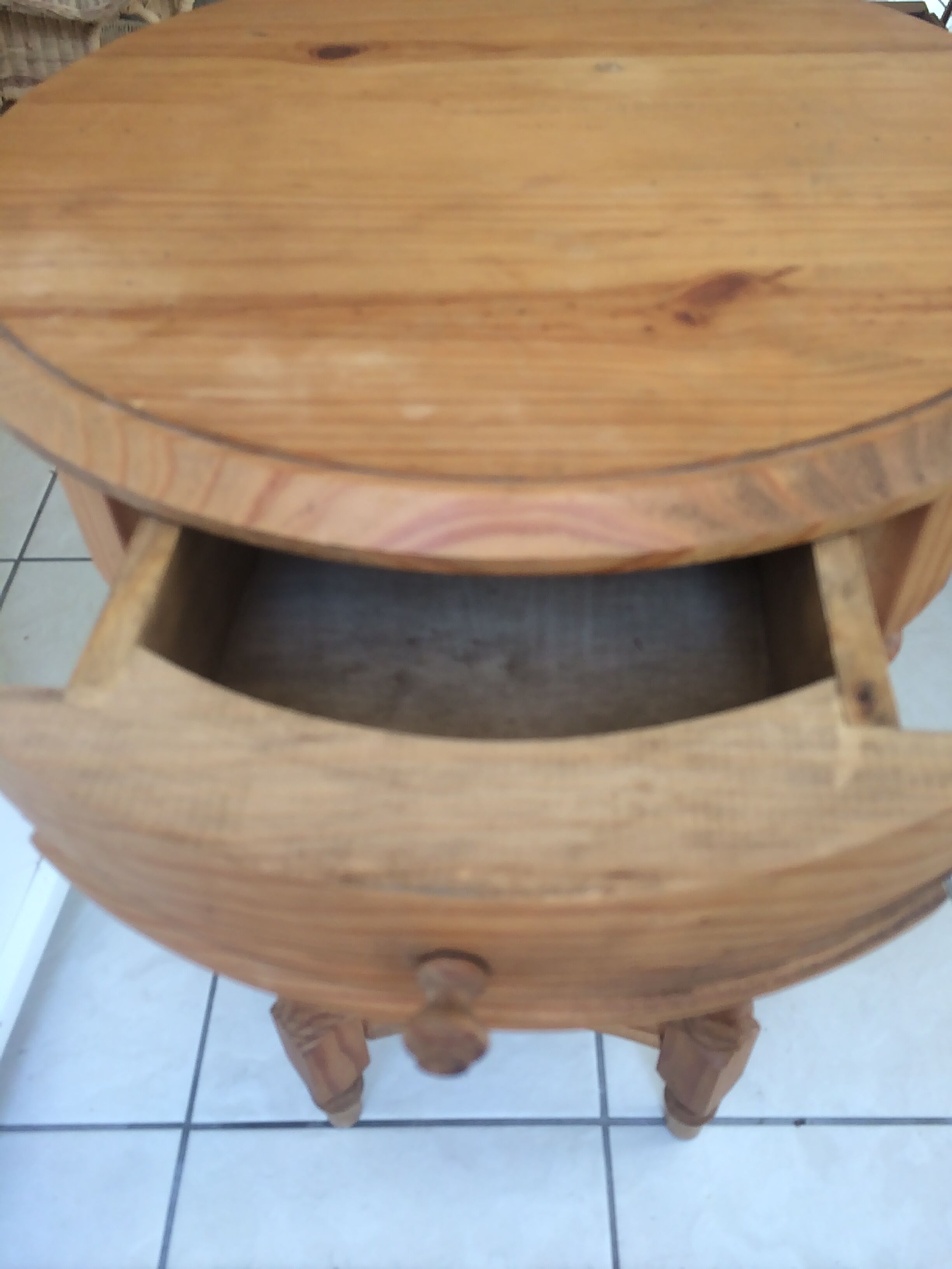 Round guèridon with drawer in light pine, 60s