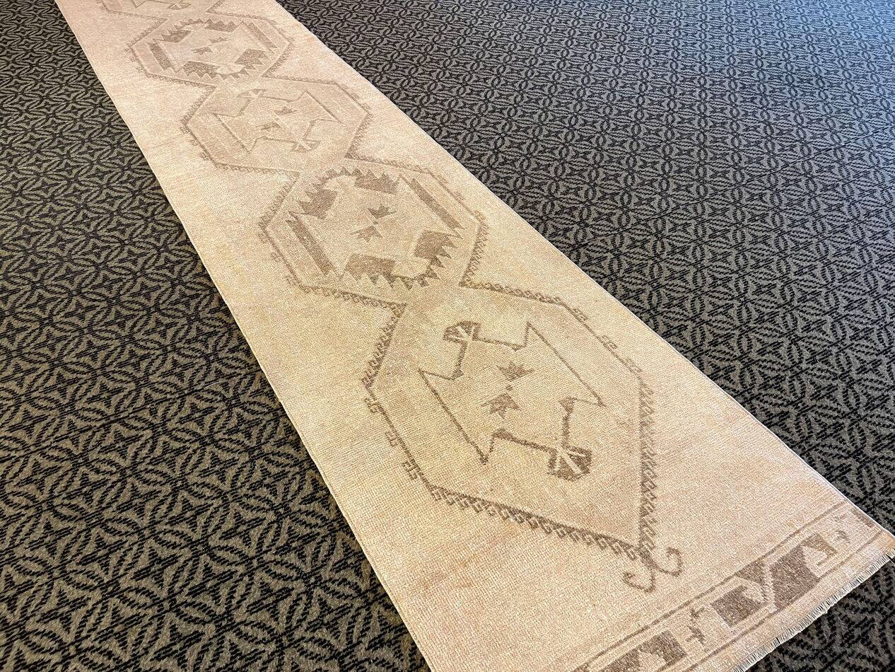 Vintage Handmade Soft Beige and Brown Long Hallway Runner