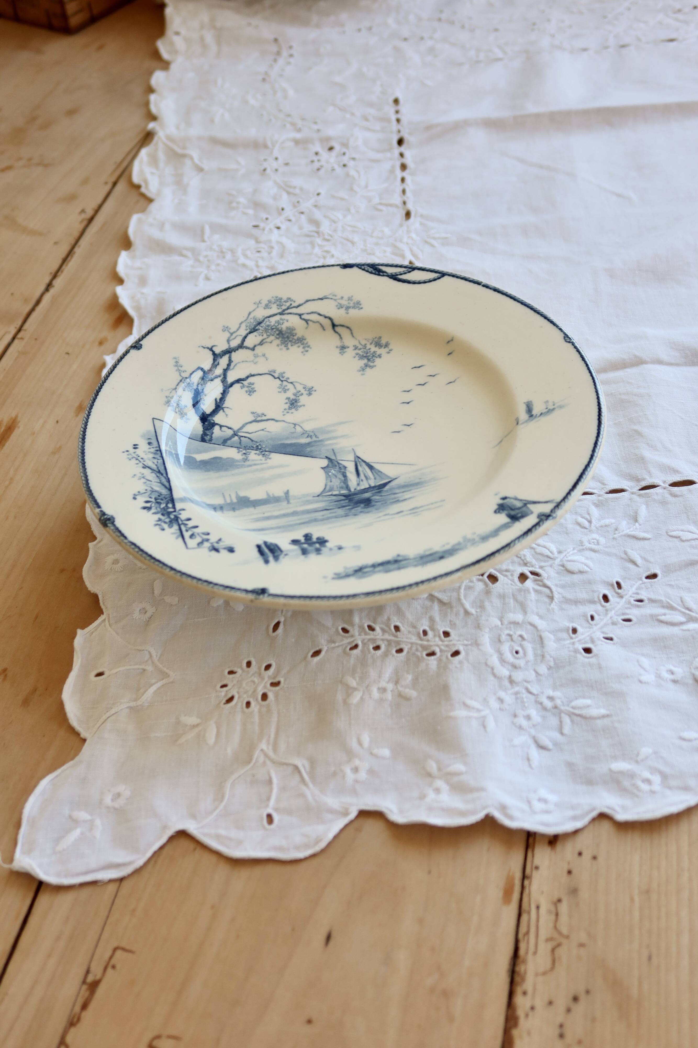 Antique Gien compote dish model Marines - 19th century - Blue marine landscape decoration