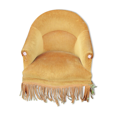 Ancien fauteuil crapaud en velours jaune moutarde