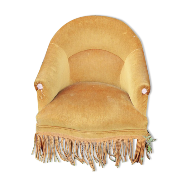 Ancien fauteuil crapaud en velours jaune moutarde