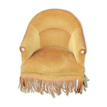 Ancien fauteuil crapaud en velours jaune moutarde