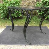 Vintage ceramic coffee table by Guy Trévoux with wrought iron base.