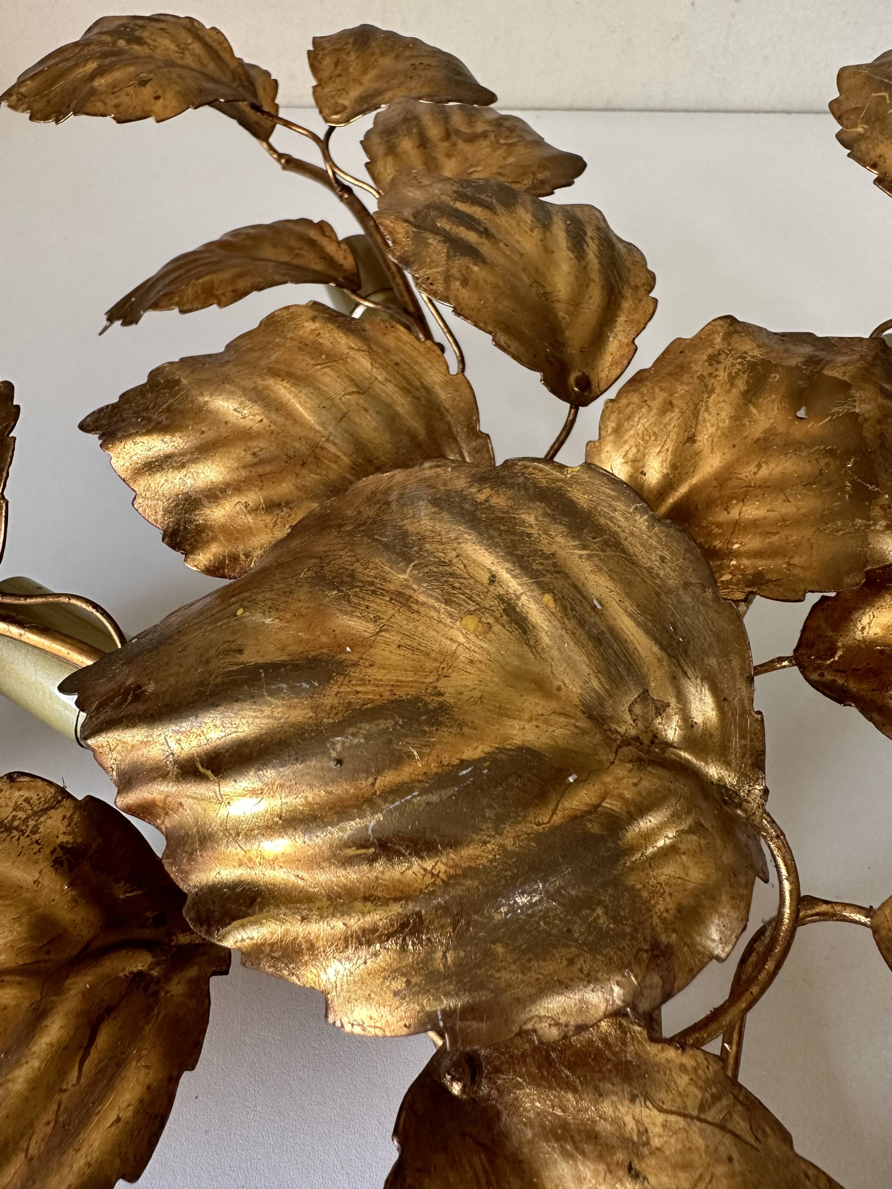 Large golden leaf wall lamp vintage design 70s