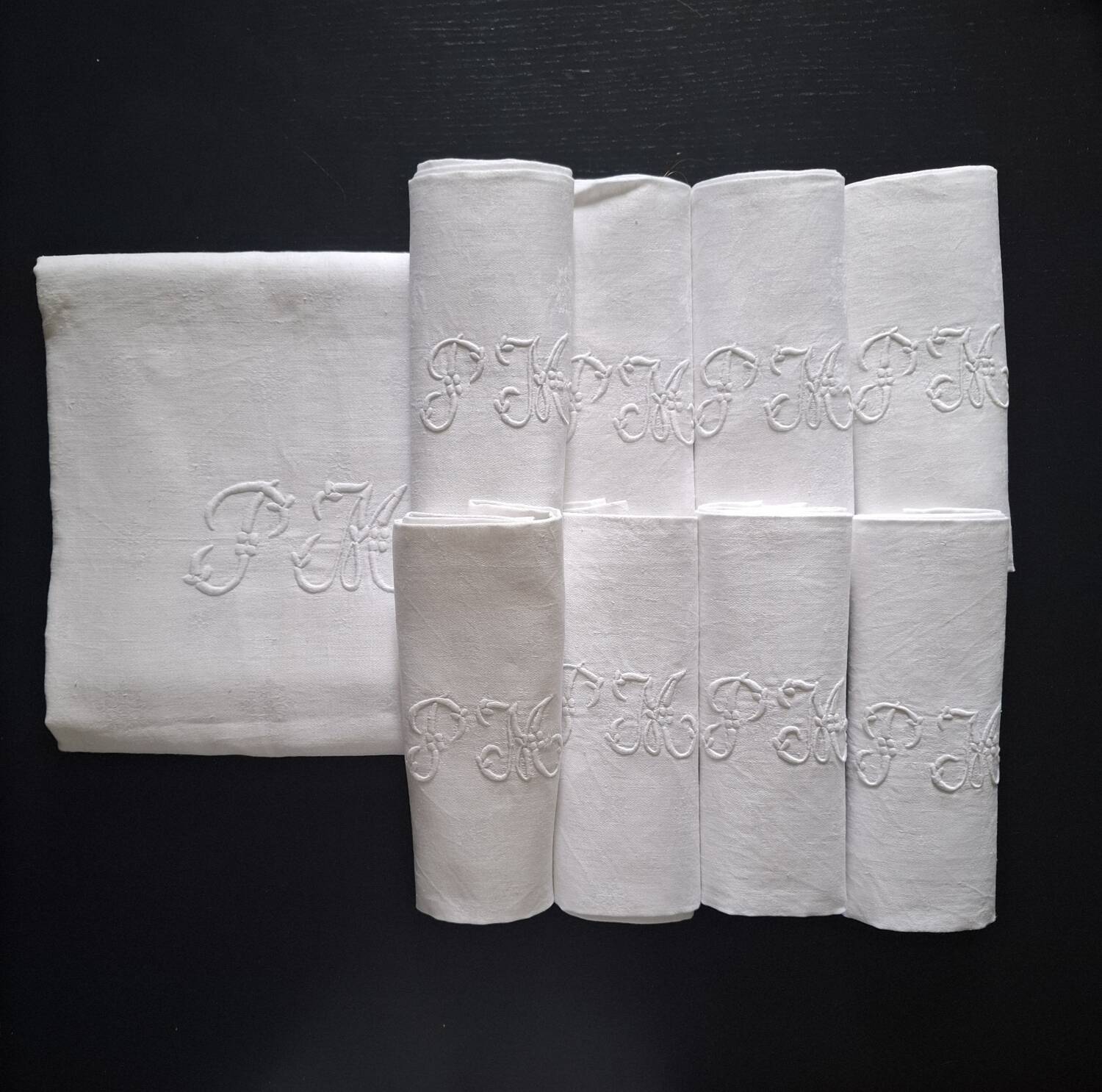 Antique monogrammed tablecloth and 8 napkins