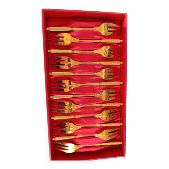 Set of 12 gold metal dessert forks