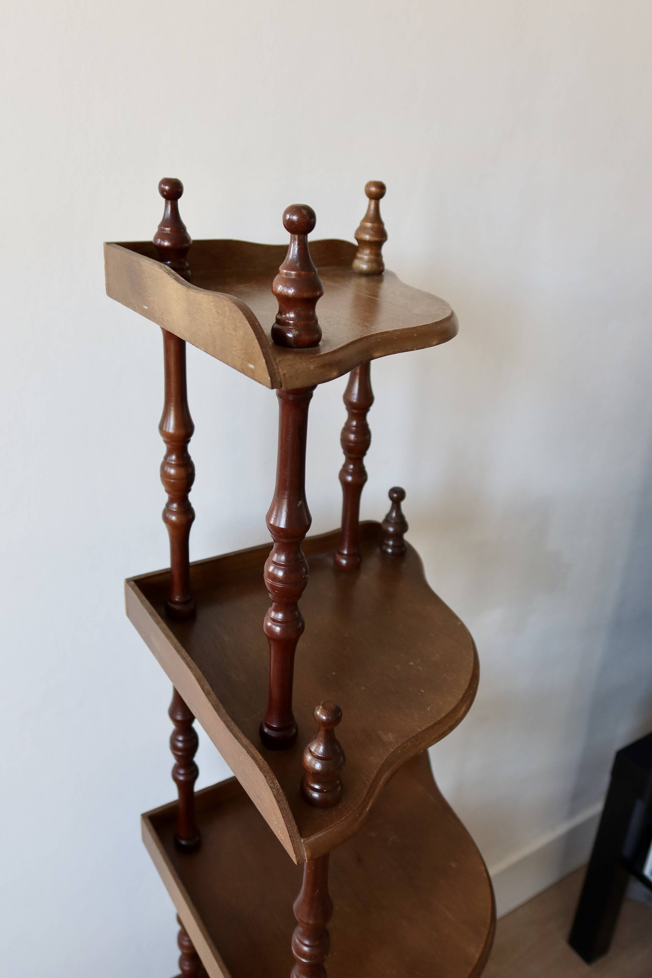 Vintage 5-Tier Corner Shelf on Legs, Turned Wood