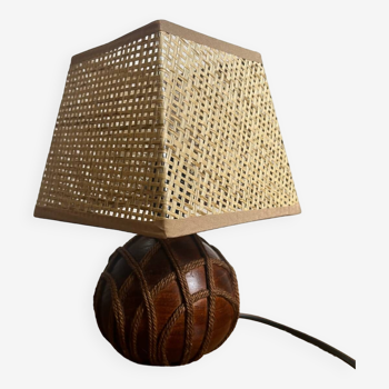 Table lamp with wooden ball and rope with lampshade