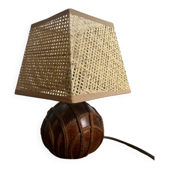 Table lamp with wooden ball and rope with lampshade