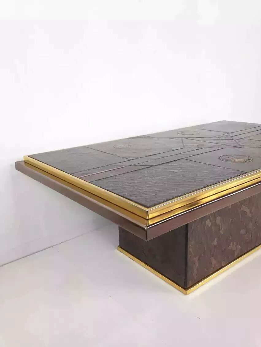 70s Brutalist Coffee Table in Brass, Bronze and Stone